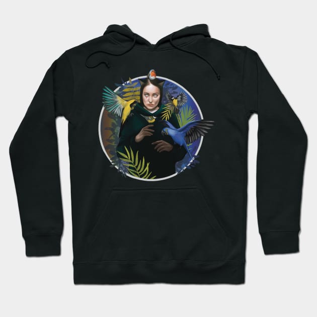 Cat Girl with tropical birds in twilight garden Hoodie by Meakm